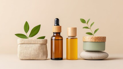 Minimalist arrangement of natural skincare products, essential oils, and green leaves in eco-friendly containers on a neutral background, Mindful Product Photography.