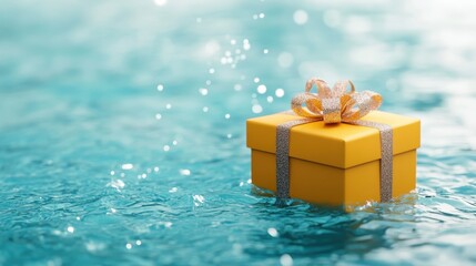 A stunning yellow gift box showcased amidst sparkling turquoise water, symbolizing joy and excitement, creating a captivating scene that embodies celebration and elegance.