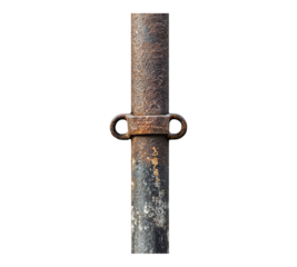 A rusty metal pole with a metal ring on it