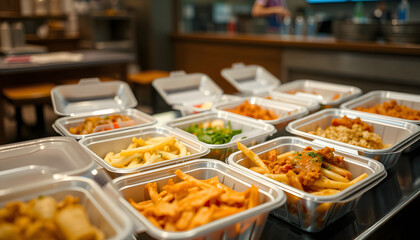 Fototapeta premium A view of several entrees prepared inside to-go plastic containers, ready for take out orders, in a restaurant setting, Diffused lighting. with white shades