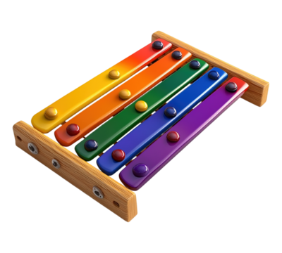 A wooden xylophone with rainbow colored keys