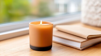 A lit cream-colored candle in a glass jar rests on a closed notebook by a bright window, creating a cozy and serene atmosphere, Mindful Product Photography.