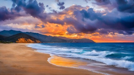 Fototapeta premium Dramatic Sunset over Ocean Beach and Mountains