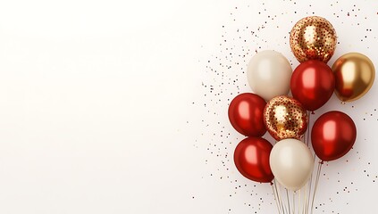 A bunch of red and gold balloons with confetti on a white background, a birthday party decoration concept. Web banner with copy space