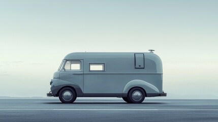 A vintage food truck parked on a deserted road under a clear sky.