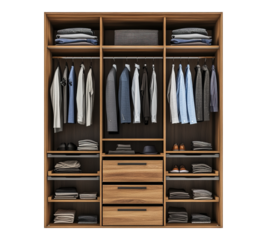 A large wooden closet with many clothes hanging on the racks