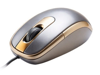 Close up of a silver and gold computer mouse with black backdrop