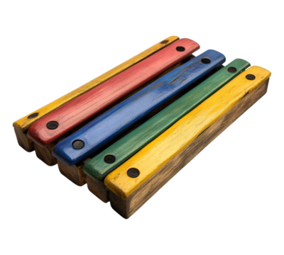 A wooden board with four different colored stripes