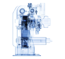 A blue and white image of a machine with a black and white outline