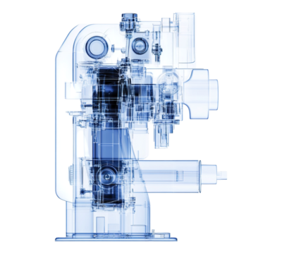 A blue and white image of a machine with a black and white outline