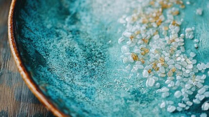 Close-up of a blue ceramic plate with a brown rim. the plate is resting on a wooden surface. on the right side of the plate, there is a pile of small white and gold beads scattered across the surface.