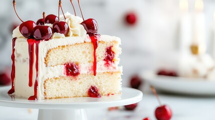A beautifully sliced cherry cake showcasing creamy layers and topped with fresh cherries and syrup, ideal for dessert lovers craving visual and culinary delight.