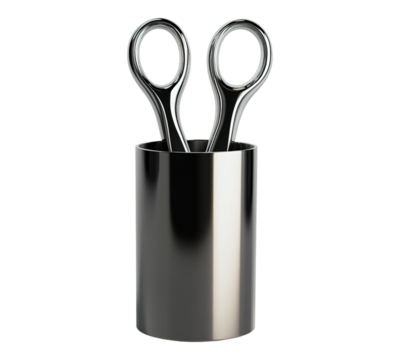 A pair of scissors are in a silver container - Powered by Adobe