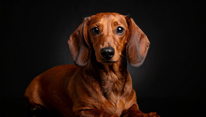 Curious dachshund poses on a dark background, showcasing its expressive eyes and shiny coat under soft lighting in a studio setting