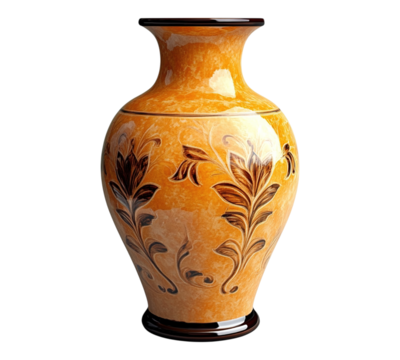 A large vase with a floral design sits on a white background