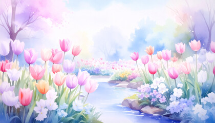 Vibrant spring landscape featuring colorful tulips and a gentle stream under a bright sky at midday