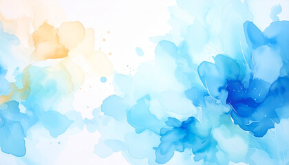Vibrant watercolor painting with flowing blue and yellow hues creating a serene atmosphere