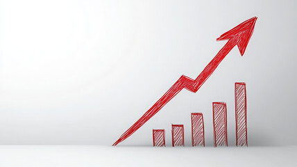 Simple hand drawn red arrow rising diagonally represents growth and success