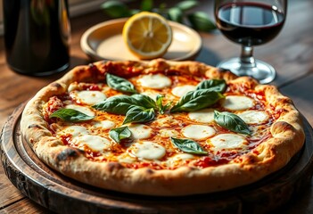 Warmly lit Neapolitan pizza on a rustic wooden plate