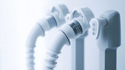 Close-up of medical equipment hoses for respiratory therapy in a clean environment.