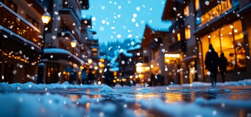 Enchanting winter wonderland, A snowy scene with warm city lights