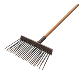 A rusty metal rake with a wooden handle
