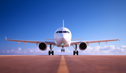 Naklejka premium Commercial airplane on runway under blue sky with white clouds