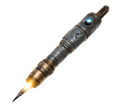 A small, old-fashioned pen with a blue light on top