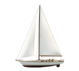 A white sailboat with a white sail and a brown mast