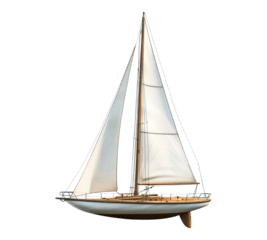 A white sailboat with a white sail is floating on a white background