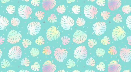 Abstract palm leaves pattern background. Vector holographic foil gradient tropical leaf print on blue background. Monstera texture for fabric, summer decor, wrapping paper, backdrop, wallpapers.