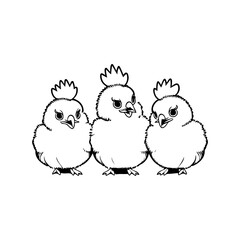 Three adorable cartoon chicks illustration in simple black and white style