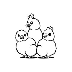 Whimsical line art illustration of three adorable fluffy chicks standing together