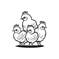 Charming monochromatic depiction of a hen nurturing its playful, fluffy brood