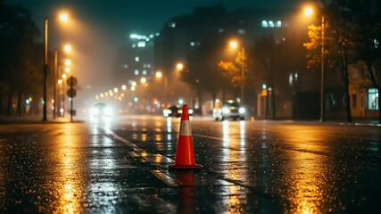 Bright neon traffic cones are visible on the side of the road in a quiet city on a rainy night.
