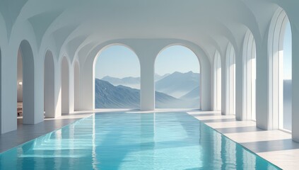 Indoor Pool Reflects Mountains, Creating Serene Ambiance in White Architecture With Arches & Clean Style
