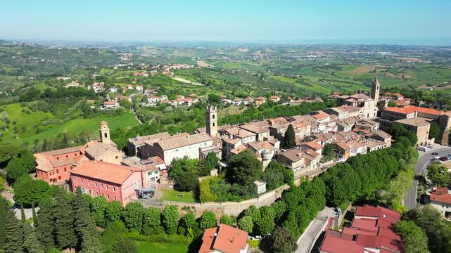aerial view of the village of Saludecio in the province of Rimini. The village transmits peace and tranquility and has a spectacular view of Romagna and the Adriatic Sea