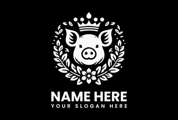 Cute pig wearing royal crown surrounded by floral wreath in whimsical vector logo design, symbolizing charm, happiness, and rustic elegance for playful branding  