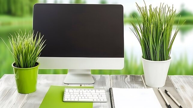 Modern workspace setup featuring a computer, plants and office supplies - Powered by Adobe