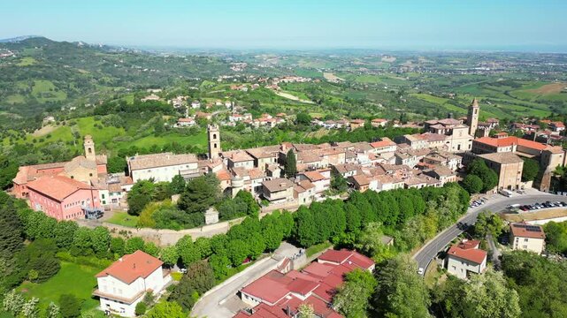 aerial view of the village of Saludecio in the province of Rimini. The village transmits peace and tranquility and has a spectacular view of Romagna and the Adriatic Sea