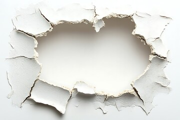 Fototapeta premium A hole in the wall with a white background, cracked concrete texture