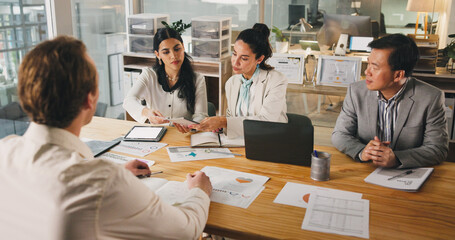 Candidate, interview and meeting with business people in office for human resources recruitment. Hiring, opportunity and resume with employee team in corporate workplace for employment process