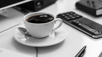 Monochrome Workspace Elegance: Coffee Cup, Gadget, and Minimalist Desk Setup