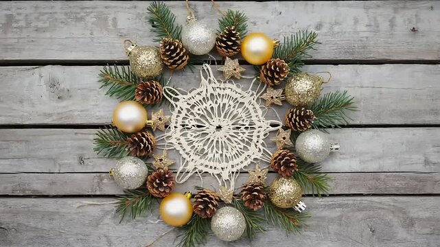 Festive crochet doily surrounded by ornaments and pine cones.