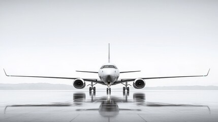 Front view of a modern airplane on a reflective runway, showcasing aviation design.