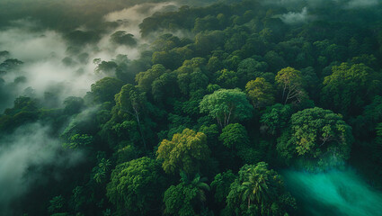 Aerial view of a lush rainforest canopy with misty fog and dense green foliage
