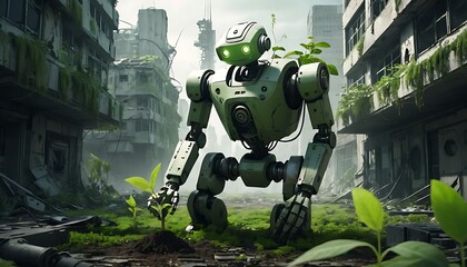 Robot Planting Trees in an Abandoned City Where Nature Begins to Revive