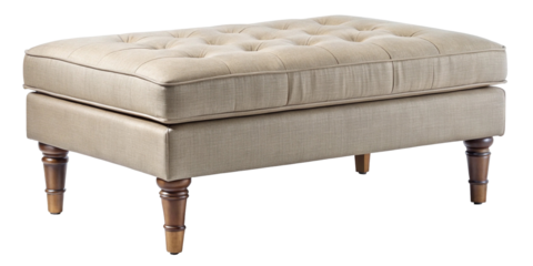 Elegant Rectangular Tufted Ottoman with Tapered Wooden Legs on a Dark Background