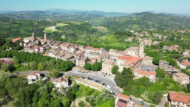 aerial view of the village of Saludecio in the province of Rimini. The village transmits peace and tranquility and has a spectacular view of Romagna and the Adriatic Sea