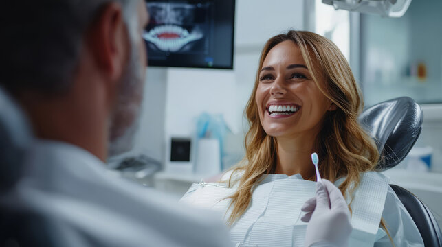 A dentist holding a toothbrush and explaining proper brushing techniques while .